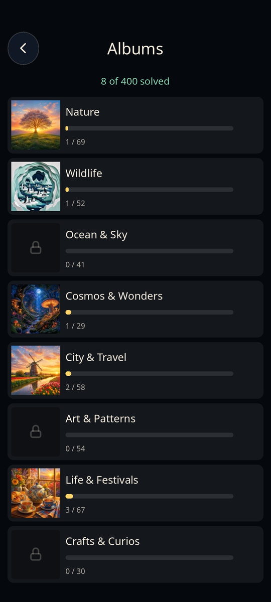 TileScape Albums screen with completed picture collections ready to browse