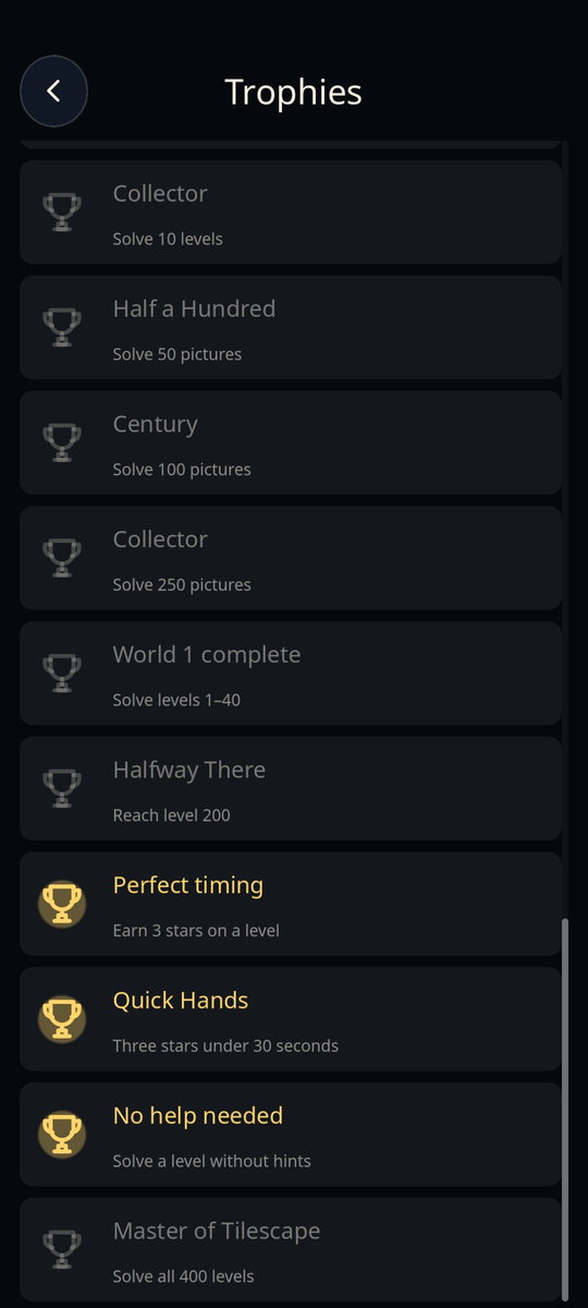 TileScape completion screen celebrating a solved picture and earned trophies