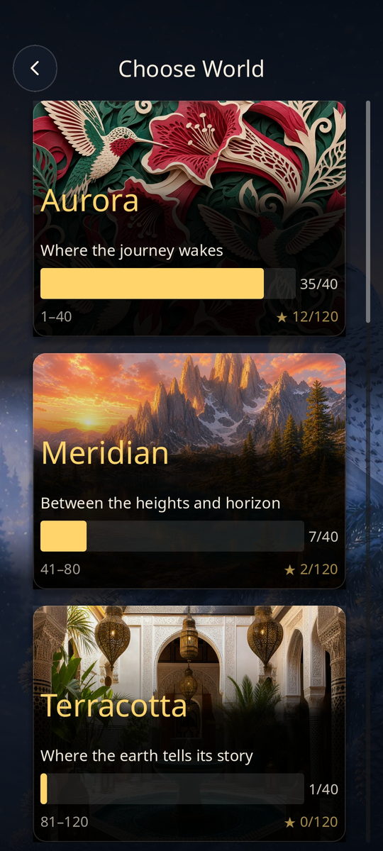 TileScape Choose World screen showing a row of illustrated worlds