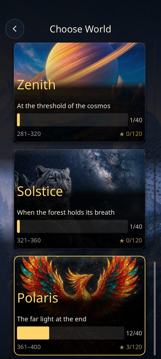 TileScape world selection screen with puzzle progress across several worlds